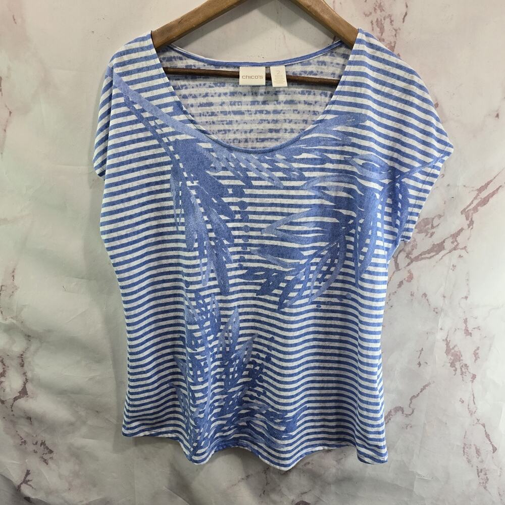 Chicos Shirt Womens 2 Large Blue White Striped Short Sleeve Tee T Cap Palm